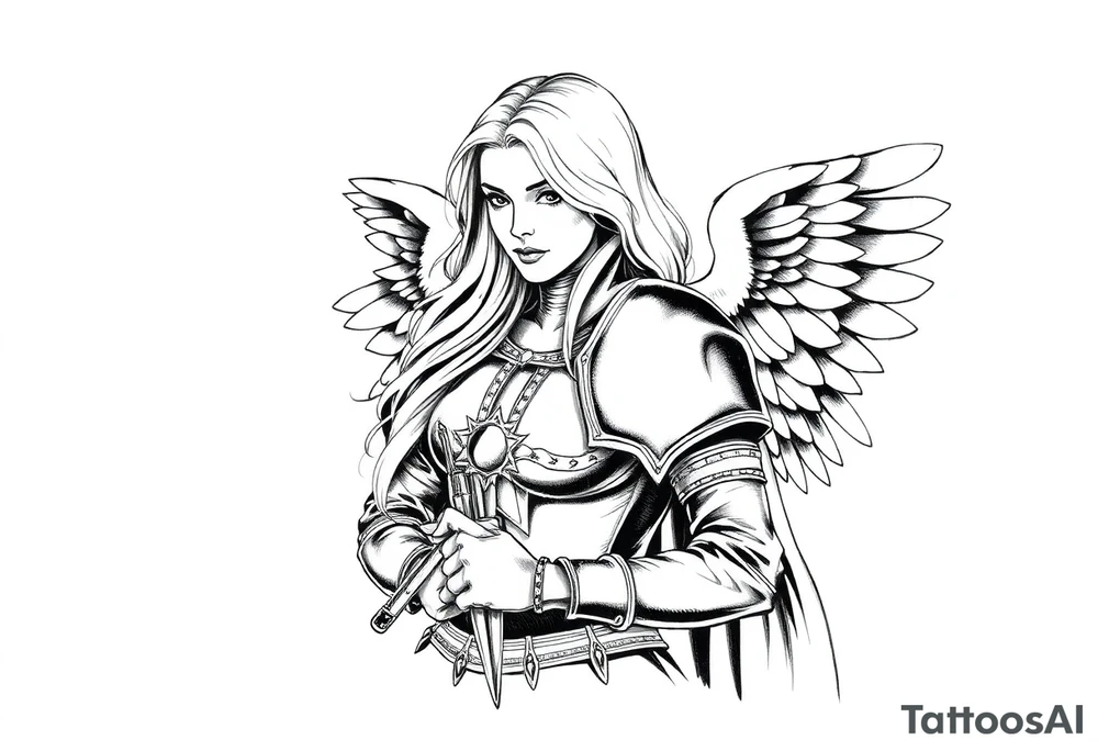 femme blonde cheveux long ondulé, en armure de chevalier tenant épée à la mais et de grandes ailes d'anges déployées tattoo idea