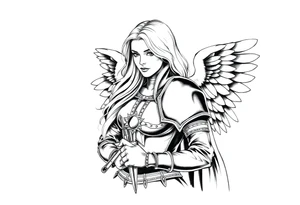 femme blonde cheveux long ondulé, en armure de chevalier tenant épée à la mais et de grandes ailes d'anges déployées tattoo idea