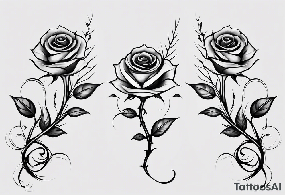 long vertical tattoo to cover my whole shin showing two separate rose stems wrapped around each other, one stem should have thorns and one should be thornless I want a long stem to shower them intertwined tattoo idea