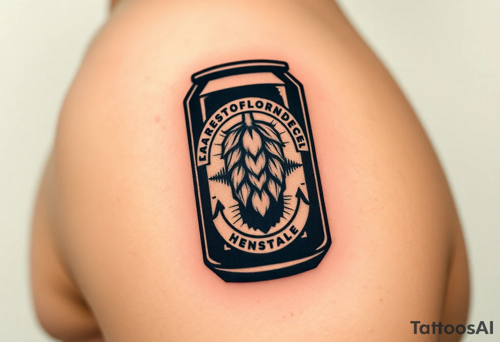 A minimalist black and gold beer can design, with vintage typography and a hop emblem, capturing a sleek and modern aesthetic tattoo idea