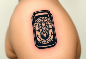 A minimalist black and gold beer can design, with vintage typography and a hop emblem, capturing a sleek and modern aesthetic tattoo idea