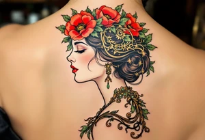 Alfons Mucha’s elegant profile of a woman crowned with crimson poppies and pale green leaves, with golden decorative scrollwork. tattoo idea