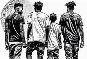 3 young black brothers walking away together  you can see their full bodies and one is looking to the side showing the side of his face tattoo idea