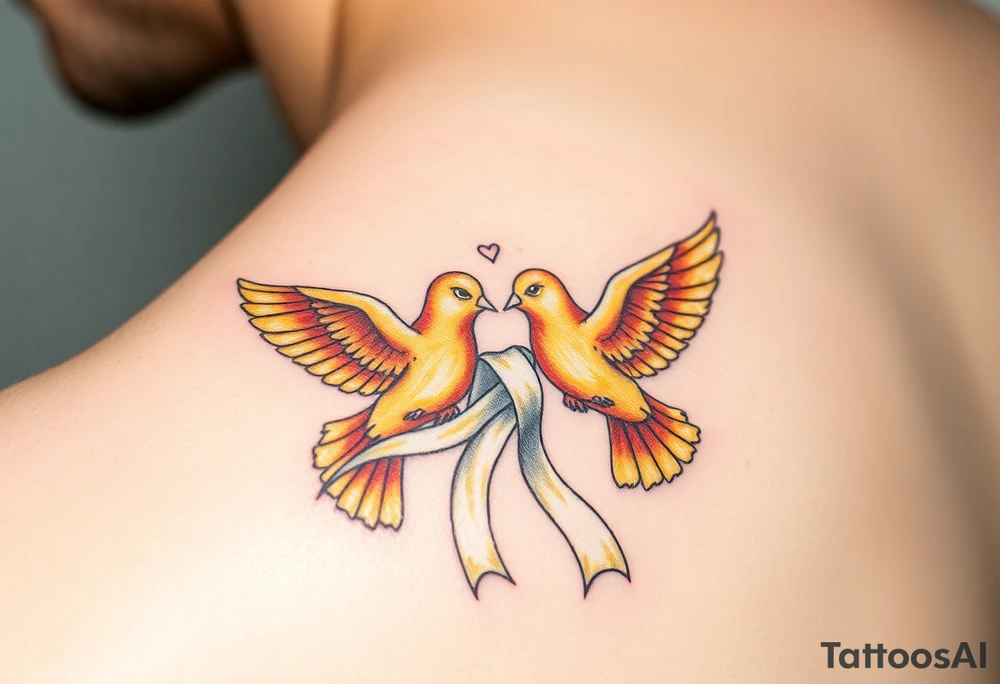 A pair of golden doves holding a soft white silk ribbon, with their wings gently touching tattoo idea