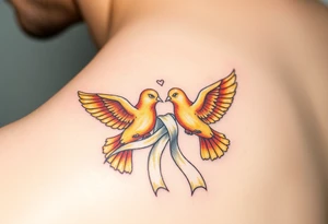 A pair of golden doves holding a soft white silk ribbon, with their wings gently touching tattoo idea
