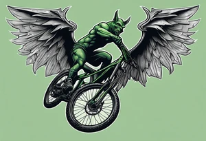 gargoyle riding a full suspension green mountain bike with a shadow no background with wings tattoo idea