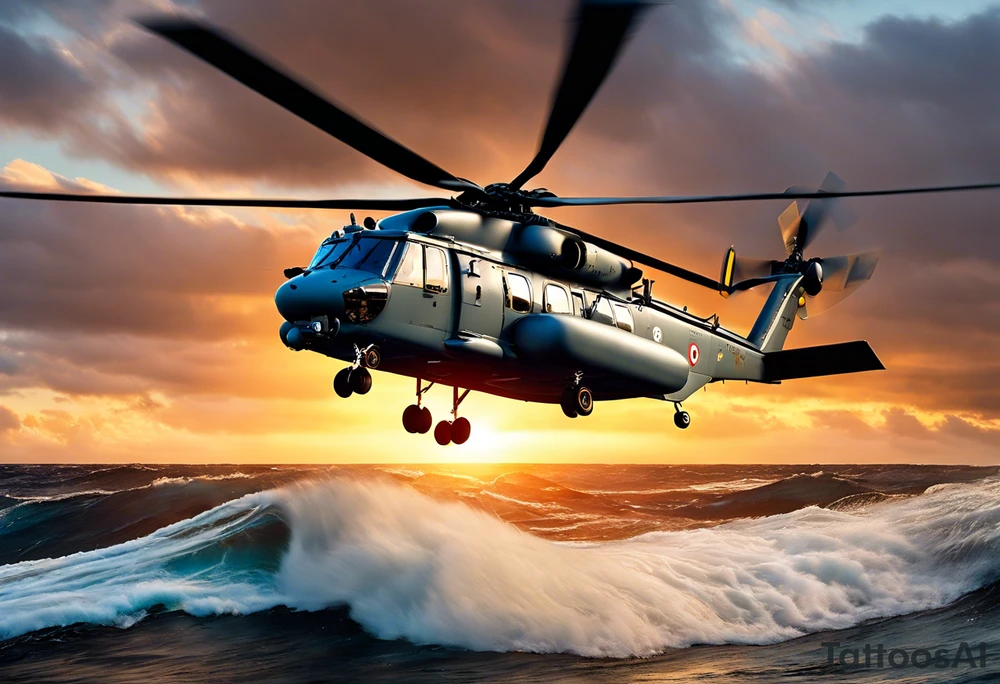Canadian military grey CH-148 Cyclone helicopter soaring low over rough, ocean waves. The sun is setting, casting a dramatic glow on the scene with realistic clouds and a specular reflection of the helicopter on the water. The helicopter should be the main focus, with intricate details and a sense of motion. In the background, a poppy be prominently displayed tattoo idea