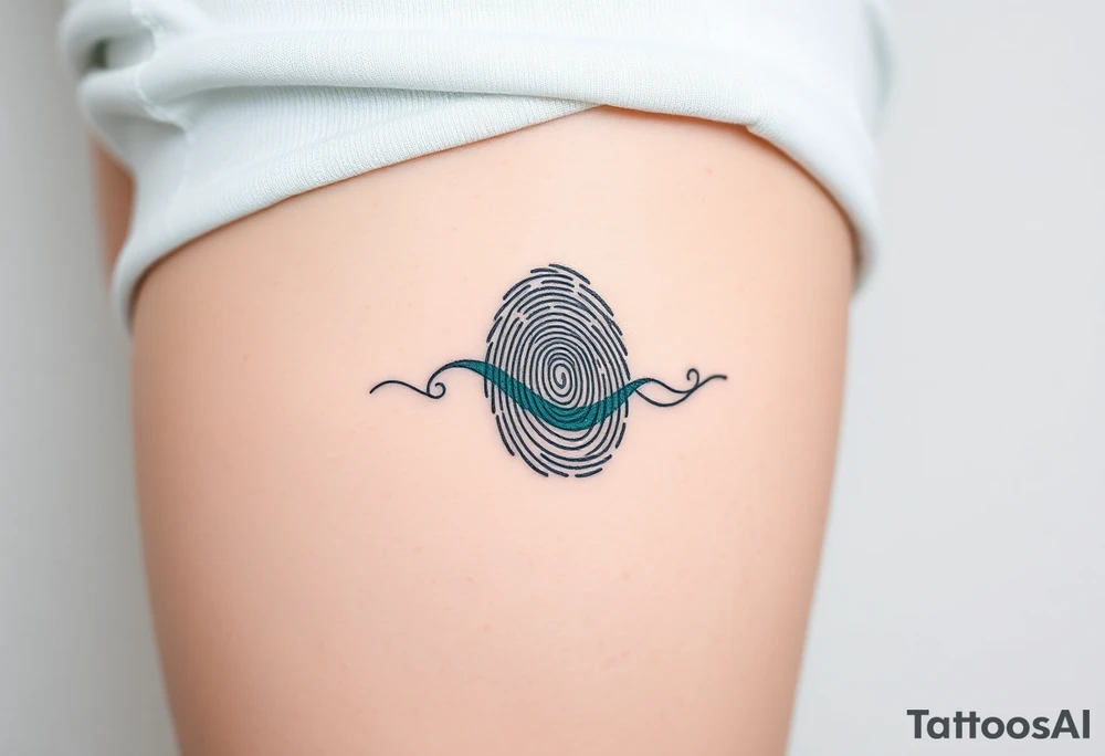 A fingerprint in dark teal and soft gray, shaped into a wave pattern, representing the flow of love over time tattoo idea