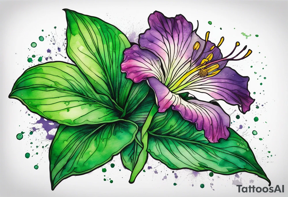 An outline of an only green rio dipladenia flower and a green and purple watercolor splash in the background tattoo idea