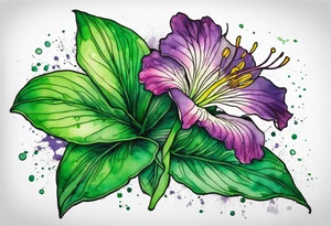 An outline of an only green rio dipladenia flower and a green and purple watercolor splash in the background tattoo idea