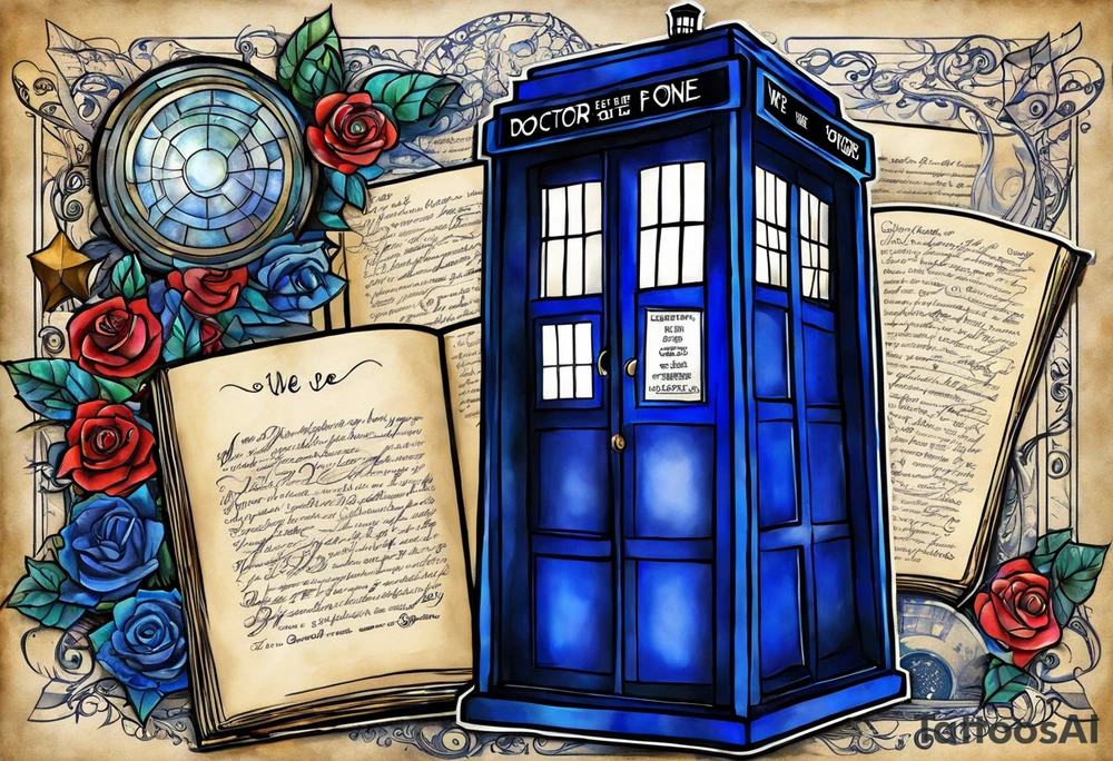 River songs diary from doctor who with the words "We're all stories in the end" I want just the TARDIS blue diary and those words in ribbons or something around the diary tattoo idea