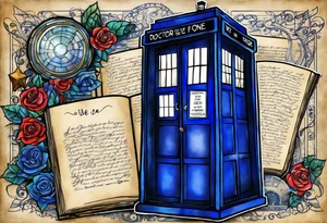 River songs diary from doctor who with the words "We're all stories in the end" I want just the TARDIS blue diary and those words in ribbons or something around the diary tattoo idea