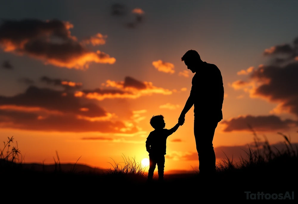 A black and grey silhouette of a father holding his son's hand at sunset, with soft orange and gold hues in the background. tattoo idea