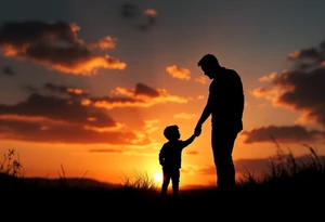 A black and grey silhouette of a father holding his son's hand at sunset, with soft orange and gold hues in the background. tattoo idea