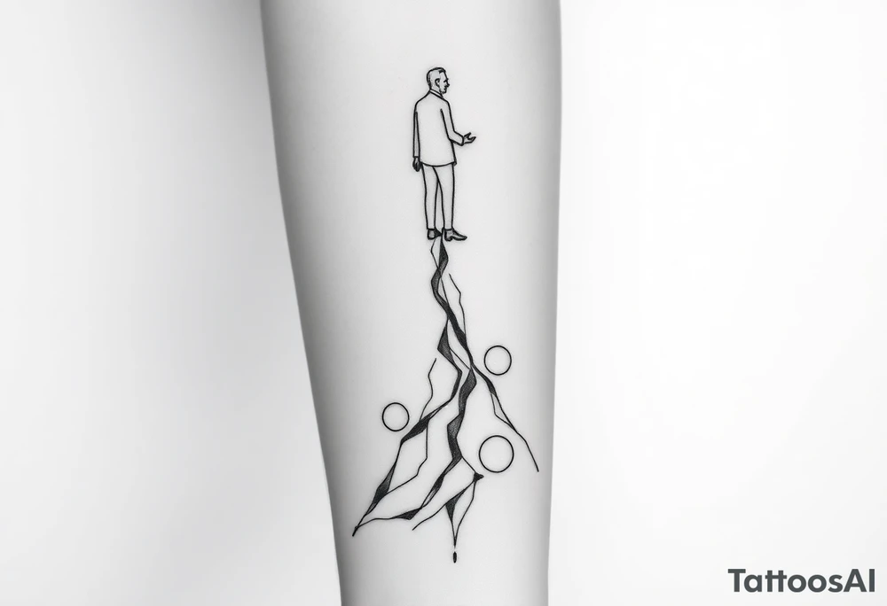 Black-ink forearm tattoo design symbolizing father and son, legacy, and continuation of unfinished dreams. Central element: a rising, flowing abstract line or path that starts fragmented at the bottom (representing the father’s unfinished life/work) and becomes solid and ascending toward the top (symbolizing the son carrying the legacy forward). Above the path, a subtle, ethereal outline of the father’s figure, abstract and composed of fine black lines and geometric fragments, watching proudly over the rising line, hand or energy reaching down as if cheering him on. Include two interlocking circular shapes along the path to symbolize their bond and the transfer of legacy. Hidden within the lines, integrate the Roman numerals “VI·IV·MMXXIII” in a subtle, elegant way. Style: minimalistic black ink, fine-line, geometric abstraction with emotional depth, clean composition for forearm placement, focus on symbolism, connection, guidance, and transcendence. tattoo idea