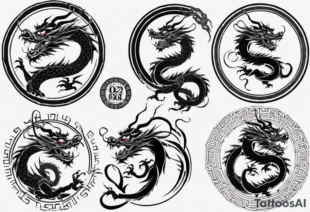 Chinese dragon in a circular shape with "02.03" written on its skin tattoo idea