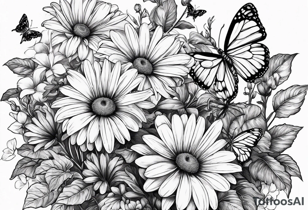 daisies, chrysanthemum and morning glories with a butterfly tattoo idea