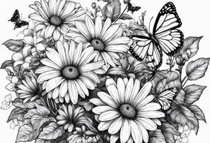 daisies, chrysanthemum and morning glories with a butterfly tattoo idea