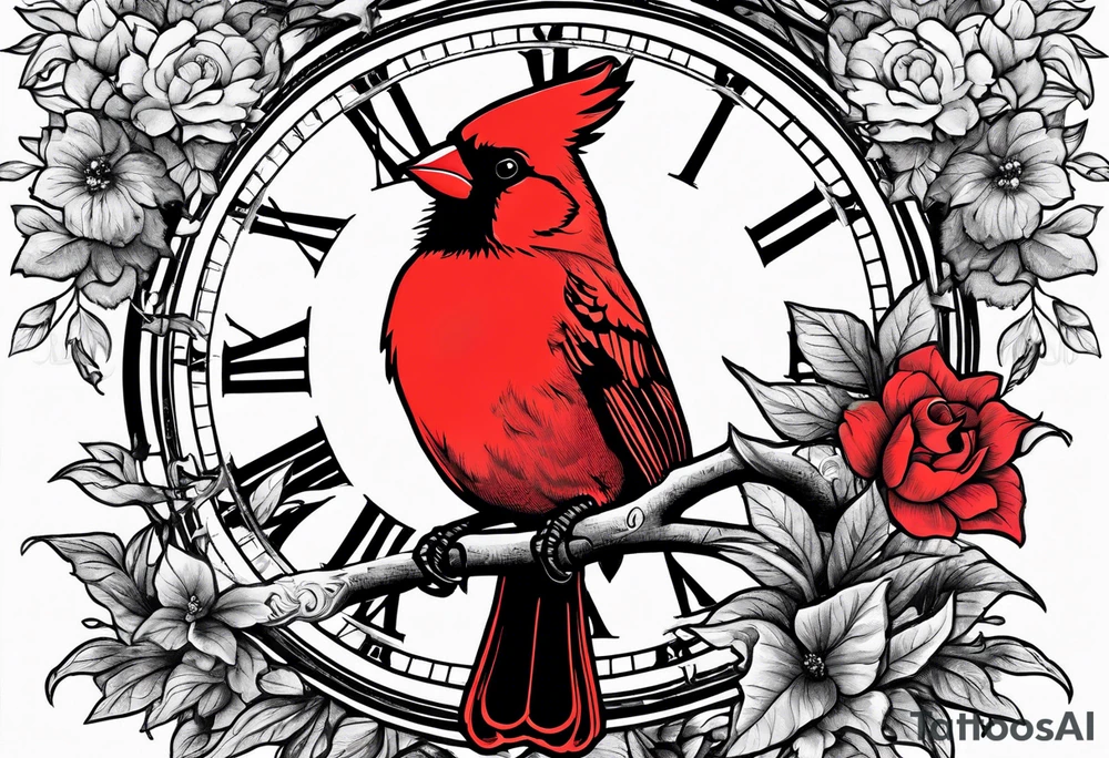 Trees, flowers, clock, red cardinal, representing growth from grief tattoo idea