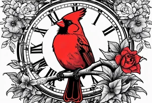 Trees, flowers, clock, red cardinal, representing growth from grief tattoo idea