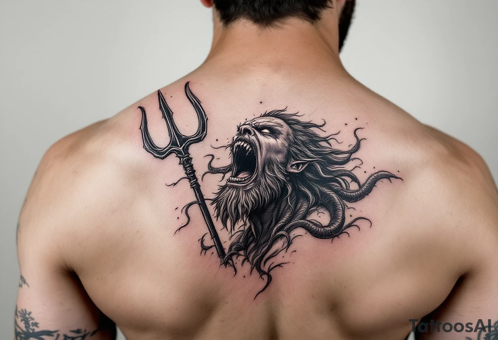 screaming poseidon, behind a trident, looking at the sky tattoo idea