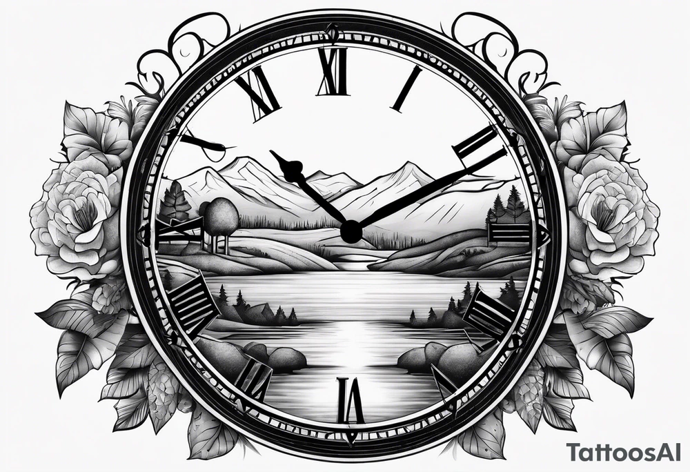 clock with landscape tattoo idea