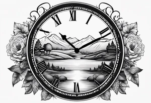 clock with landscape tattoo idea