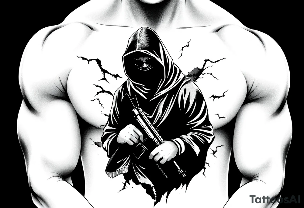 Minimalist covert operative symbolism representing loyalty and survival, faceless soldier silhouette emerging from darkness, torn fabric, subtle scars, controlled posture, black and grey realism, emotional restraint, understated strength, tattoo sleeve element. tattoo idea