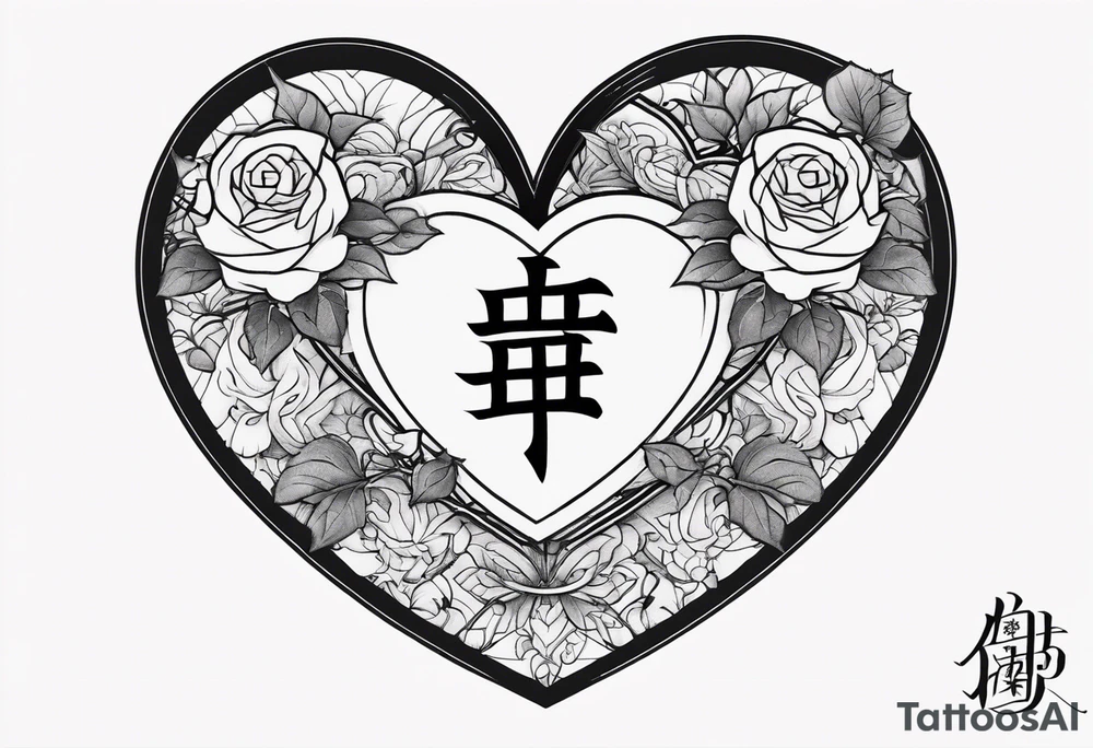 A big heart with my Japanese middle name (minoru) in Japanese characters inside of the heart. With 2 crosses and a rose inside of it tattoo idea
