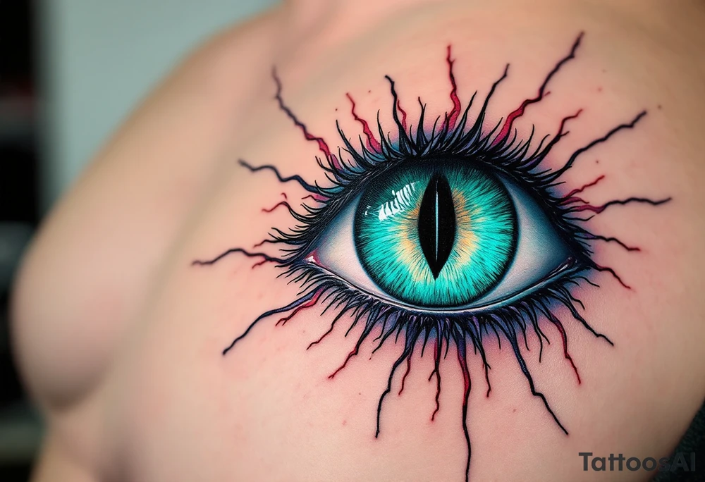 A vividly surreal eyeball tattoo inked directly onto the sclera (white of the eye), featuring a glowing turquoise iris with a black vertical slit pupil, radiating thin blood-red and violet capillary-like lines outward across the eye for a striking, otherworldly appearance. tattoo idea
