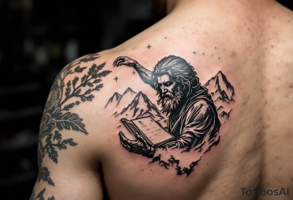 Moses is holding on the mountain the ten commandements tattoo idea