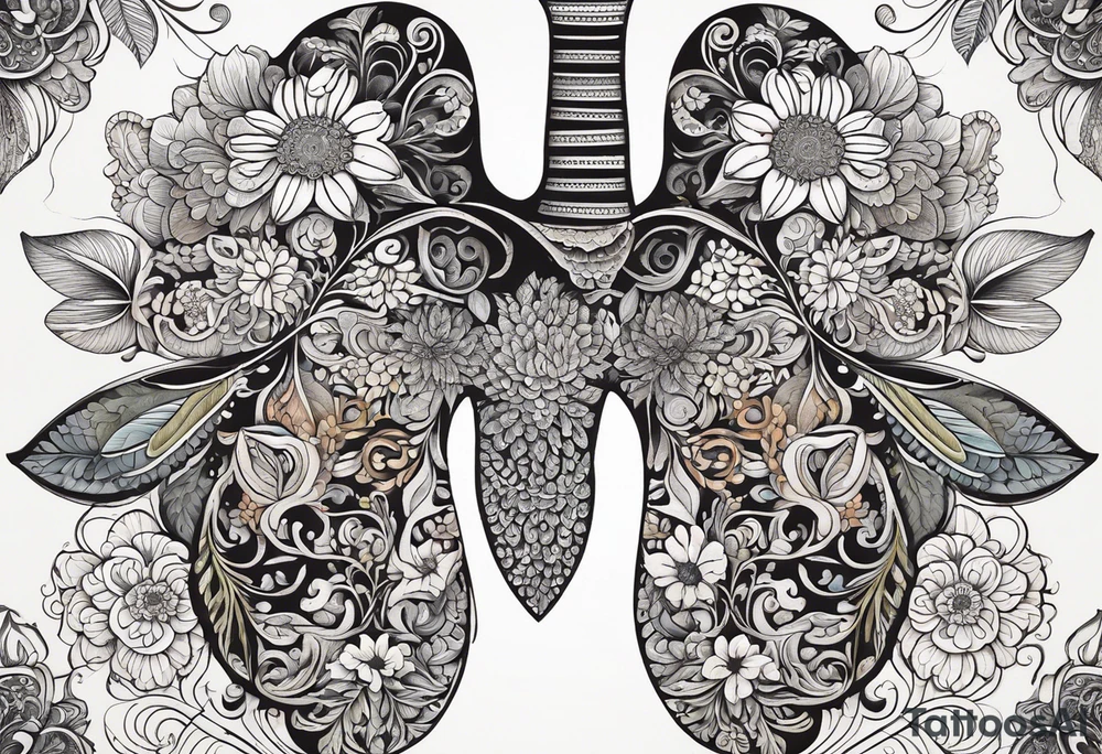 intricate and artistic arrangement of flowers and ornamental patterns that come together to form the shape of human lungs. The design should have a balance of delicacy and detail, with vibrant floral elements seamlessly intertwining to mimic the structure of the lungs, including the bronchi branching into floral motifs. Incorporate subtle shading and depth to give the tattoo a dynamic and organic feel, while maintaining elegance and symmetry, embraced by an octopus and butterflies flying around tattoo idea