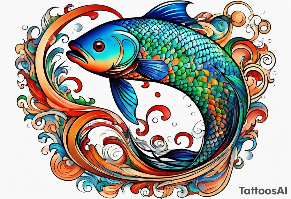 wide swirl of red, blue, orange, green with fish hooks tattoo idea