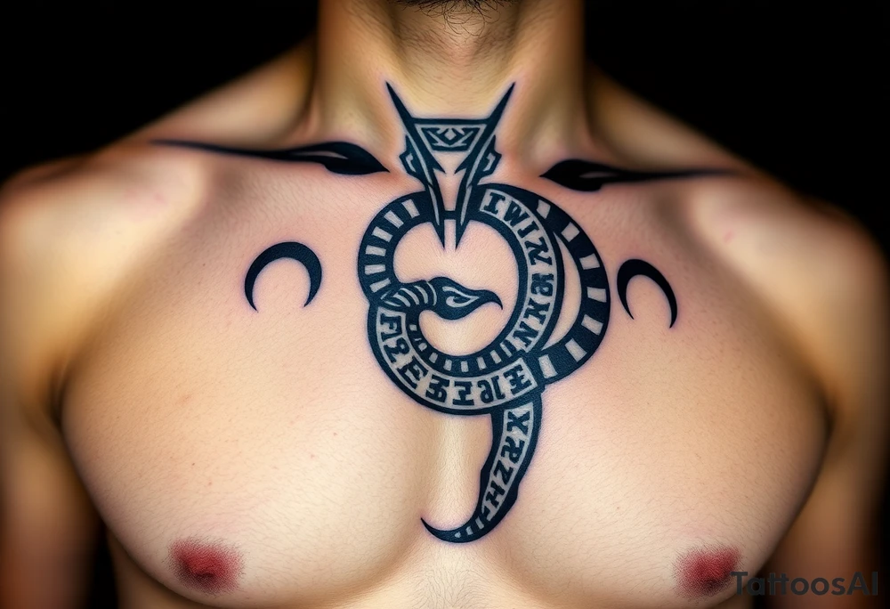 A Viking-inspired Ouroboros with Norse runes engraved along its body, colored in deep charcoal with silver etchings. tattoo idea