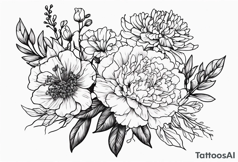 Bouquet with carnation, larkspur, chrysanthemum tattoo idea