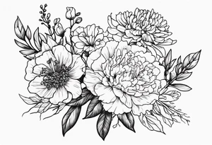 Bouquet with carnation, larkspur, chrysanthemum tattoo idea