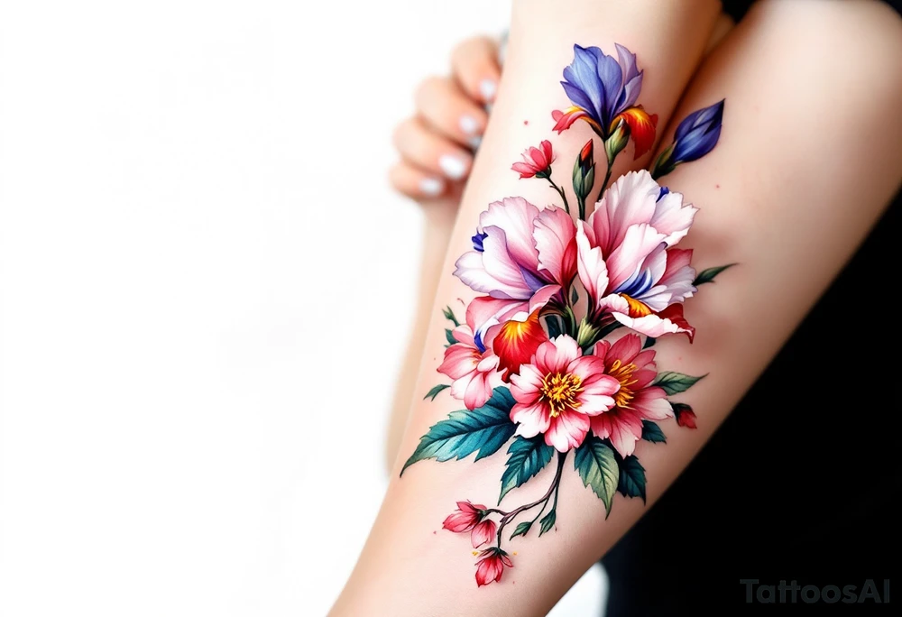 Irises flowers and cherry blossom on a fan forearm tattoo idea