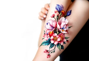 Irises flowers and cherry blossom on a fan forearm tattoo idea
