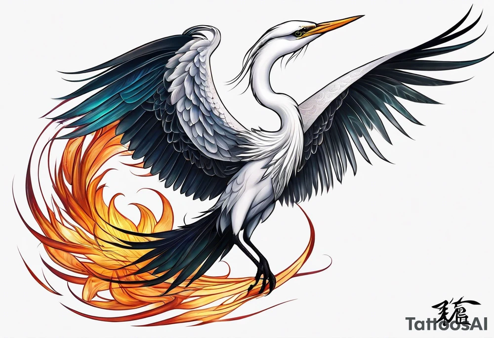 phoenix 
chinese 
egret
long tail 
elegant 
wings down
long neck tattoo idea