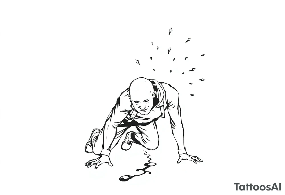 Confusion and pressure in thin lines solo traveler with no face with his body parts left on the path behind him he’s crawling tattoo idea
