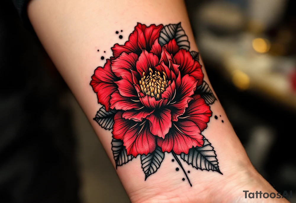 red  and black rhododendron trippy with mandala behind tattoo idea