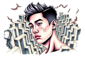 Handsome Asian young guy lost in a nightmarish labyrinth tattoo idea