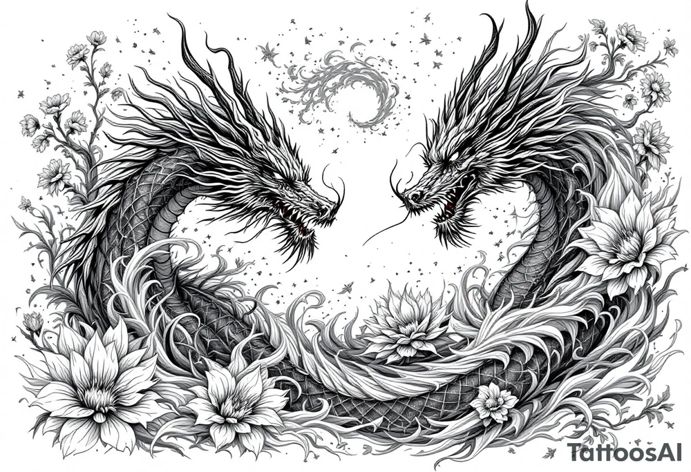 legendary dragon scene with energy aura flowers power effects tattoo idea
