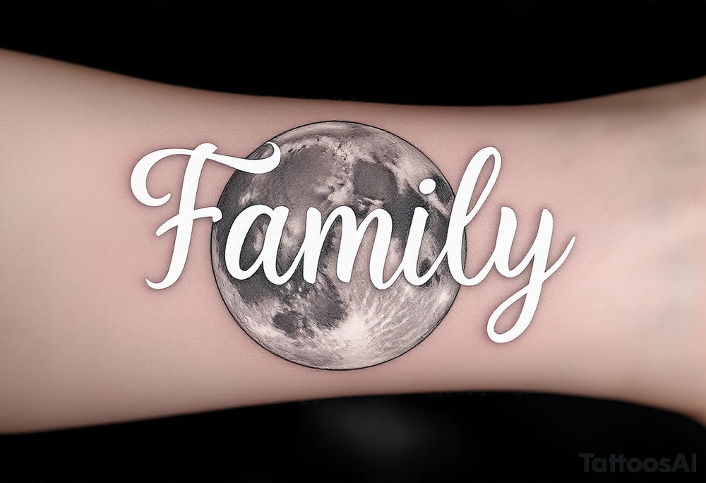 Word Family drawn in white ink over a soft gray moon, symbolizing everlasting connection. tattoo idea