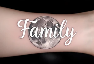 Word Family drawn in white ink over a soft gray moon, symbolizing everlasting connection. tattoo idea