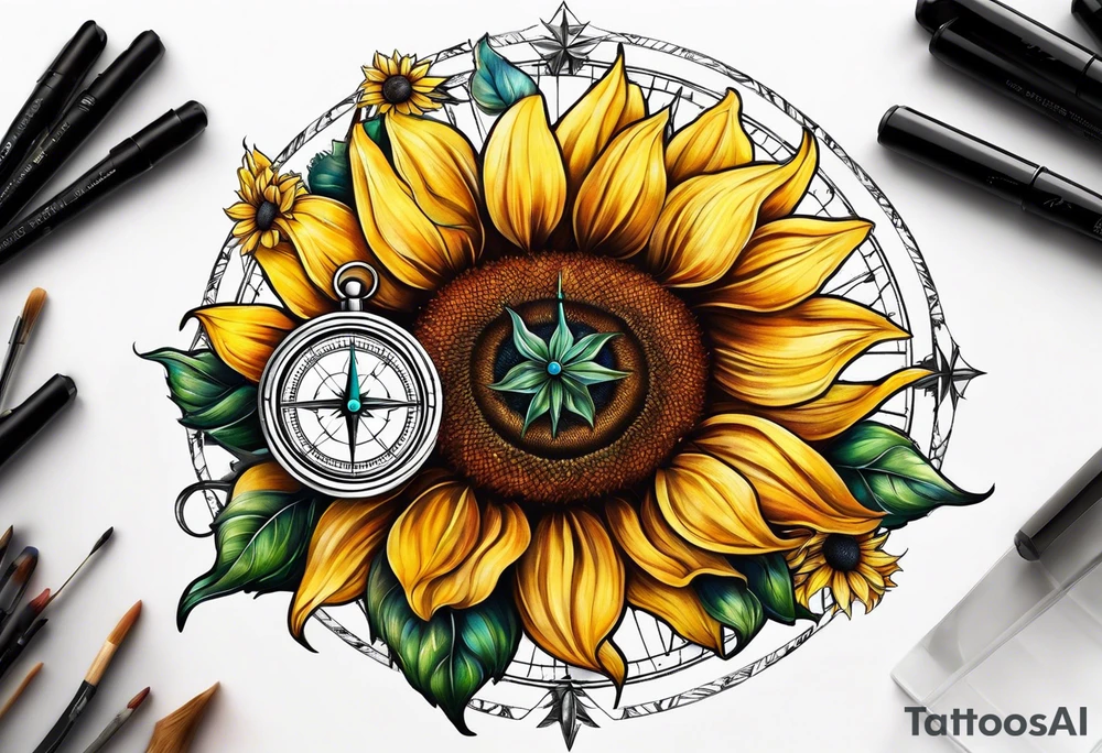 Sunflower next to a compass tattoo idea