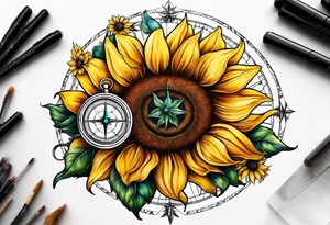 Sunflower next to a compass tattoo idea