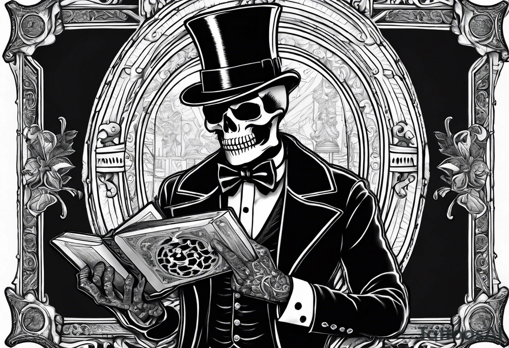old time skeleton wearing a top hat holding a holy bible tattoo idea