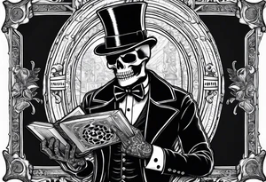 old time skeleton wearing a top hat holding a holy bible tattoo idea