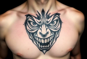 Eyes big and small on my chest for a man terrorizing with his eyes and very large teeth tattoo idea